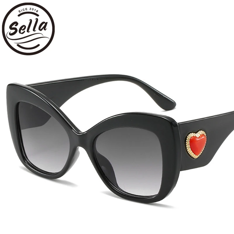 

Sella Fashion Women New Trending Oversized Cateye Sunglasses Wide Legs Red Heart Decoration Brand Designer Sun Shade For Women