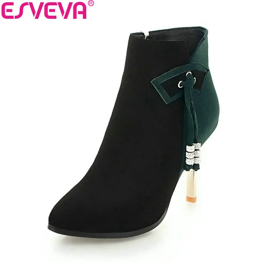 

ESVEVA 2019 Women Shoes Pointed Toe Boots Mixed Color Ankle Boots Thin High Heels Zipper Autumn Shoes Flock Boots Size 34-43