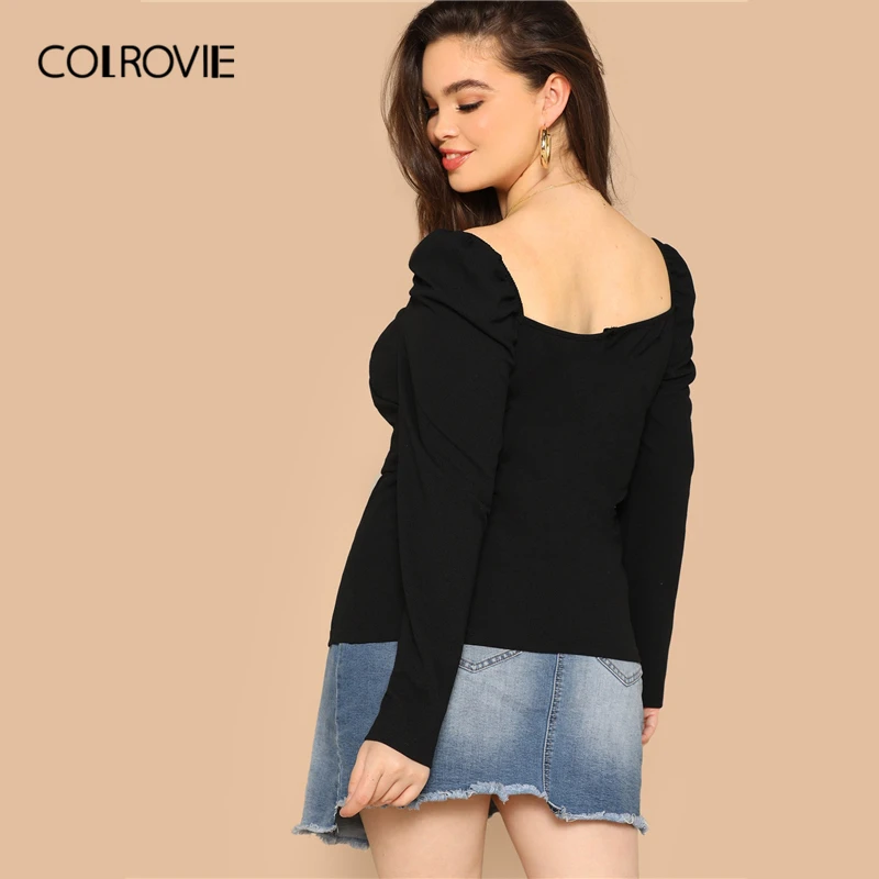COLROVIE زائد حجم أسود الصلبة الحبيب أنيقة المرأة بلوزة قمصان 2019 الربيع الكورية نفخة الأكمام مكتب السيدات عارضة قمم COLROVIE زائد حجم أسود الصلبة الحبيب أنيقة المرأة بلوزة قمصان 2019 الربيع الكورية نفخة الأكمام مكتب السيدات عارضة قمم