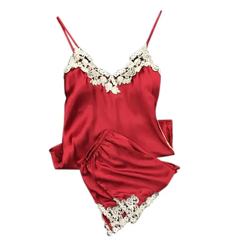 

Ladies Sexy Silk Satin Pajama Set Sleeveless Pijama Set V-neck Sleepwear Summer Home Wear Sleep Wear For Women Lace Pyjama Set