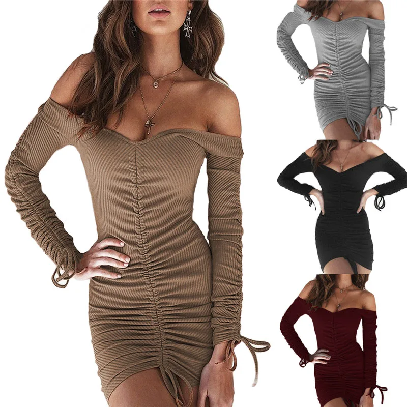 

2019 Women Spring Straps Sexy Mini Dress High Waist Bodycon Elegant Temperament Fashion Long Sleeve Party Dresses Club Wear
