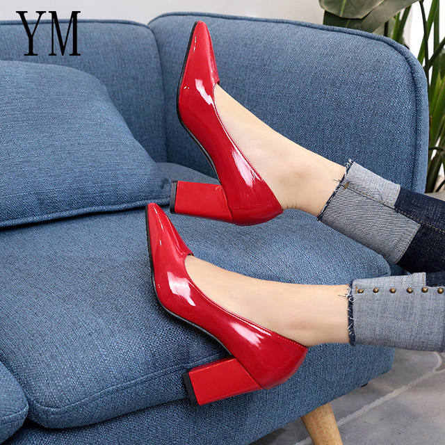 2018 New Women Pumps Black High heels 7.5cm Lady Patent leather Thick with Autumn Pointed Single Shoes Female Sandals Big 33-43