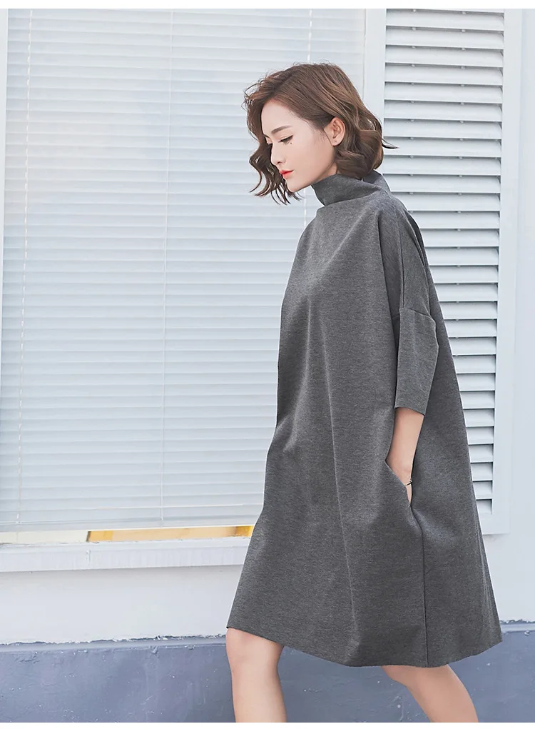 YSMARKET New Fashion Korean Autumn Dress Solid Color Batwing Sleeve Semi-high Collar Loose Large Size Casual Dress Women