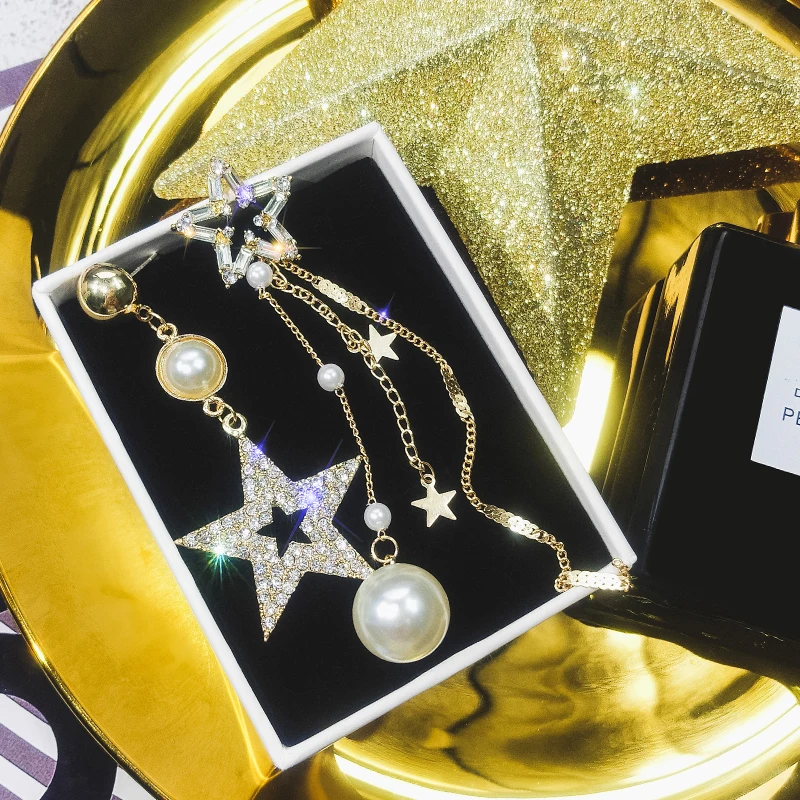 

Crystal Hyperbole Star Women Dangle Earrings Asymmetric Pentagon Pearl Dropping Earrings Bohemian Drop Earrings