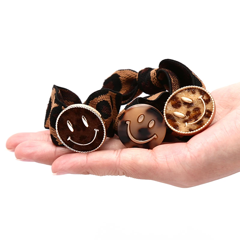 

New Cute Crystal Rubber Band Leopard Smile Print Charm Bead Disc Paved Crystals Hair Band For Women Korean Hair Rope
