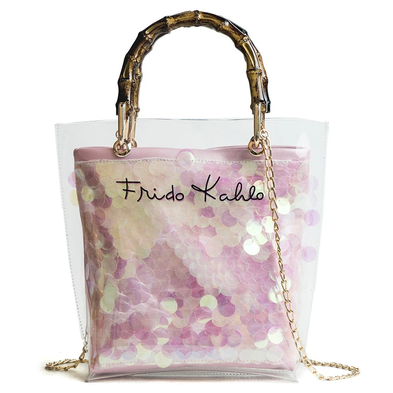 

2PCS / LOT Small Handbag Transparent Women Hand Bags Chain Straw bag Lady Travel Beach Shoulder Cross Body Bag Lash package