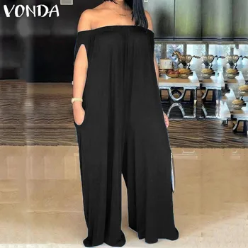 

VONDA 2019 Overalls Women Jumpsuits Vintage Pants Combinaison Female Off The Shoulder Playsuits Macacao Feminino Pantalon Plus