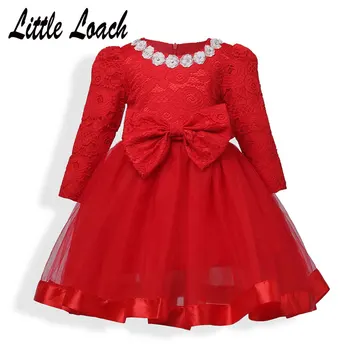 

Kids Red Lace Dress Long Puff Sleeve Appliques Girls Dress Classical Festival New Year Costumes 2-10Years Spring Vestido Nina
