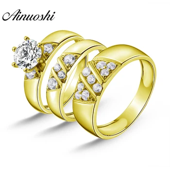 

AINUOSHI Real Gold TRIO Rings Bridal Ring Set Lovers Wedding Engagement Women Jewelry 14K Yellow Gold Couple Wedding Rings Set