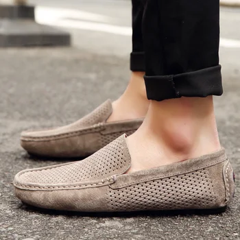 

Men Shoes Loafers Summer Soft Mans Moccasins Men Loafers Breathable Genuine Leather Shoes Men Flats Gommino Driving Shoes Beige