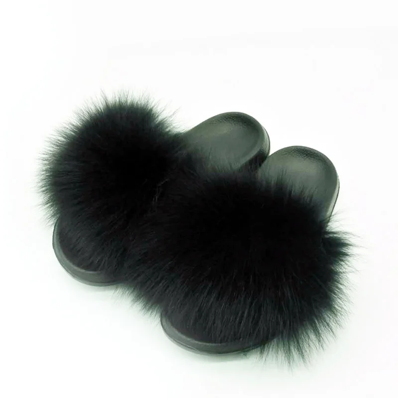 

Women Flat Fur Slides Non-slip EVA Soles Solid Black Fox Fur Slippers Lady's Lovely Fur Shoes Home Fur Slippers Drop Shipping