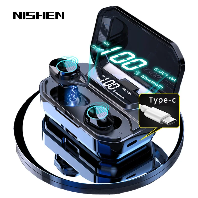 G02 v5.0 bluetooth fone de ouvido estéreo sem fio ipx7 à prova dwaterproof água toque fones de ouvido fone de ouvido 3300mah bateria display led tipo-c caso de carga