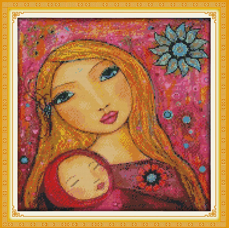 

Watercolor painting of mother and daughter Canvas DMC Counted Cross Stitch Kits printed Cross-stitch set Embroidery Needlework
