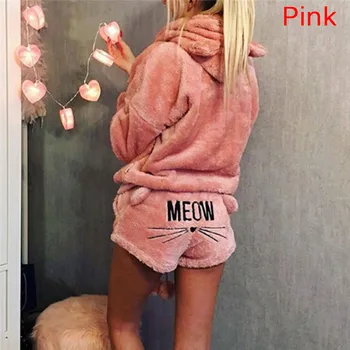 

Two Piece Pajama Set Autumn Winter Women Flannel Long Sleeve Hooded Sleepwear Warm Bear Ear Tops and Shorts Nightwear