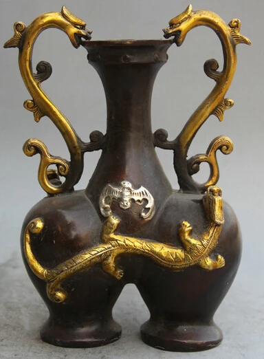 

JP S0524 10" Marked Chinese Bronze Gild Silver Folk bat Dragon handle flower Bottle Vase