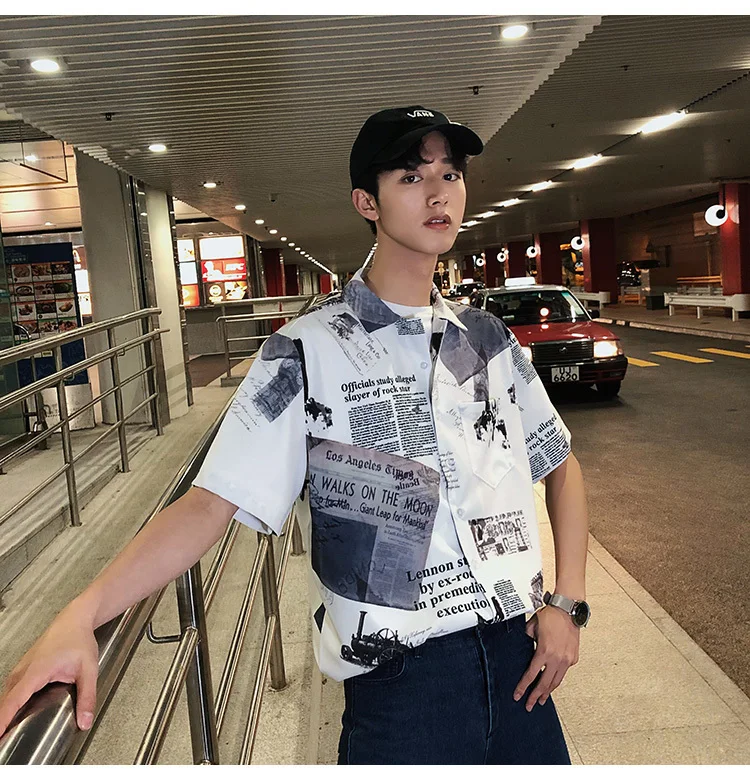 2019 летние Мужская Мода Тренд футболка с коротким рукавом с газетным принтом для отдыха высококачественный белый/черный рубашка большого