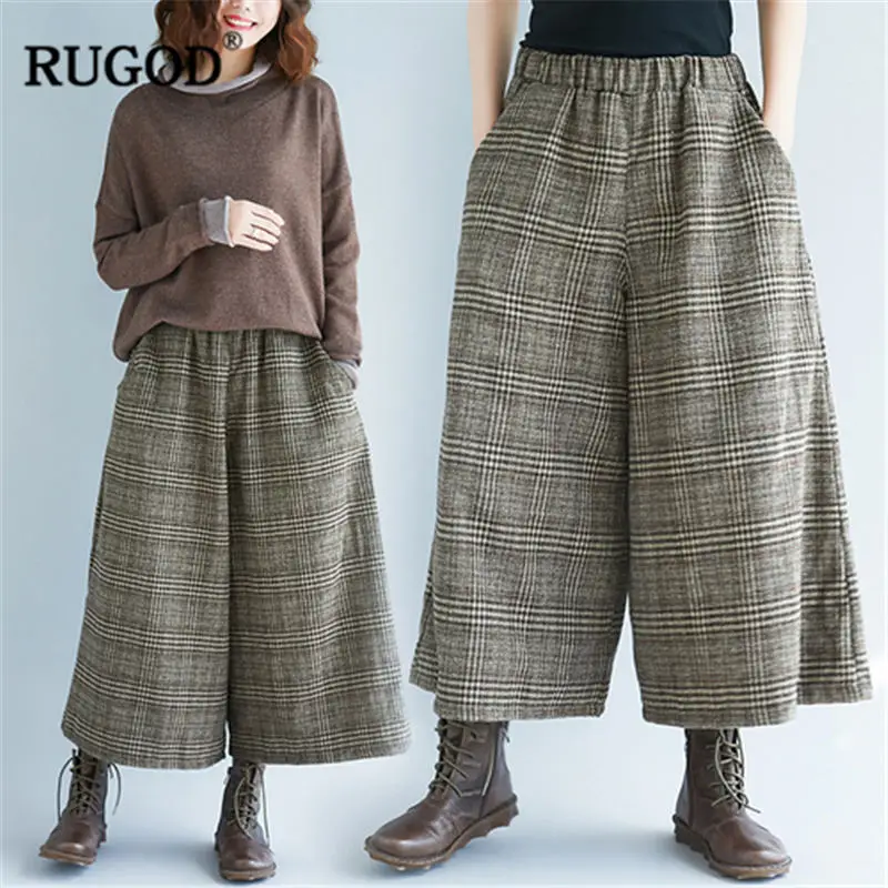 RUGOD 2019 Модные клетчатые женские брюки с высокой талией широкие повседневные