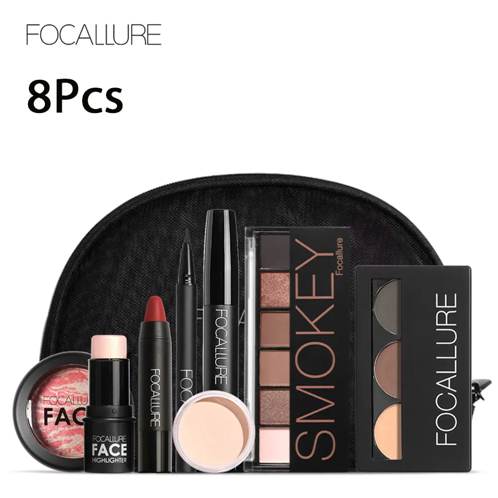 

FOCALLURE 8PCS/Kit Makeup Set For Women Including Lipstick Mascara Eye Shadow Powder Blush Concealer Cosmetics Bag Maquillaje