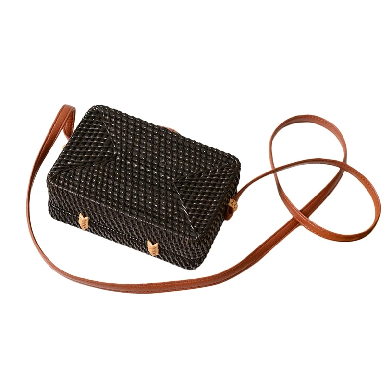 

Black Beach Retro Rattan Bag Woven Handmade Ladies Round Sling Straw Bag