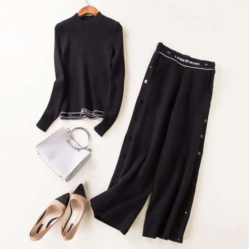 Комплект из двух предметов, женский осенний зимний модный шерстяной вязаный Топ с круглым вырезом+ широкие штаны