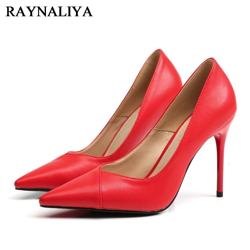 

Black Red Fashion Women Pumps Pointed Toe Ladies Genuine Leather Heels Shoes Shallow Thin Heel Work High Heel Shoes BLY-A0058