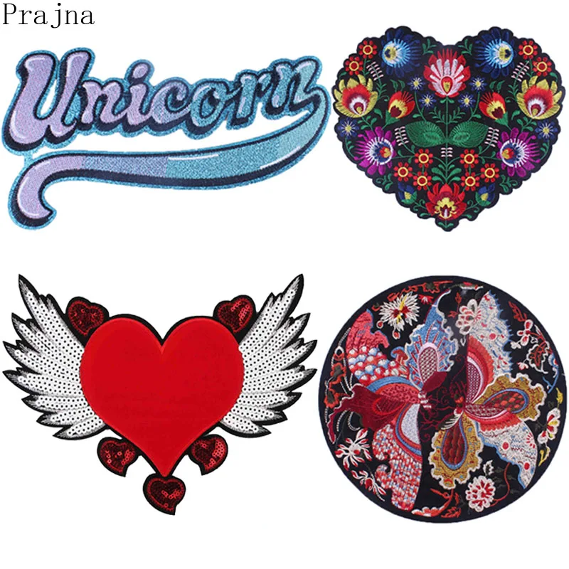 

Prajna Letter Unicorn Patch Heart Love Patch Applique Sequin Sewing Embroidered Patches For Clothes Stripes Stickers On Cloth