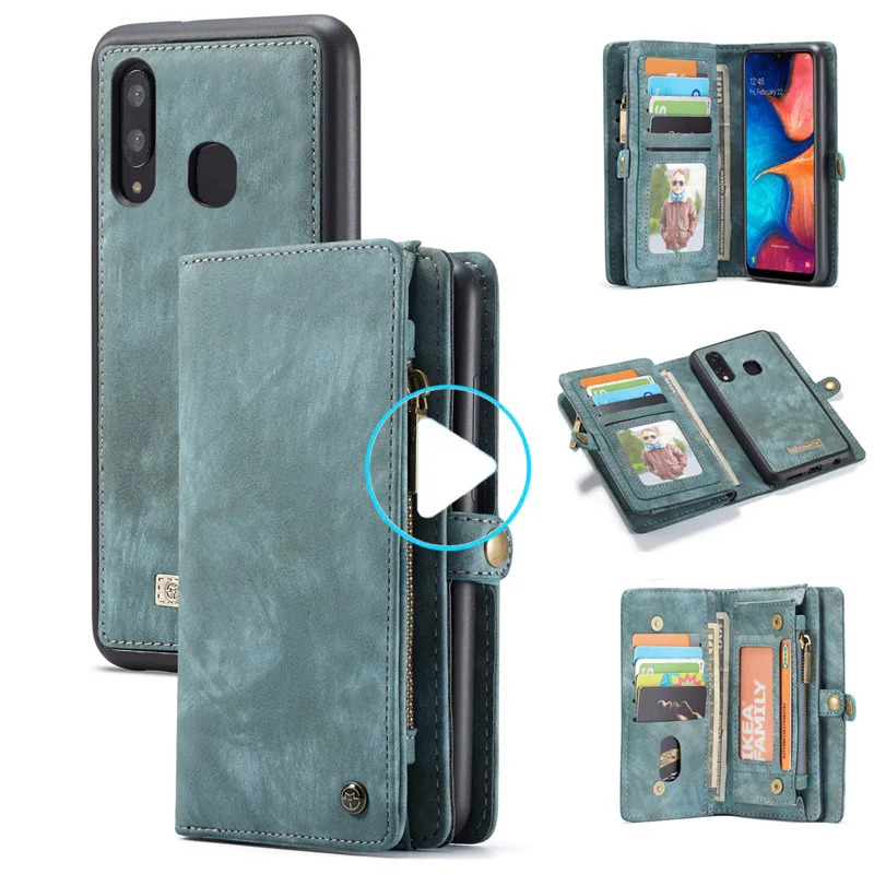 

For Samsung Galaxy A20 A30 Luxury Genuine Flip Wallet Leather Phone Case 2 in 1 Zipper Detachable Mobile Phone Back Cover