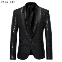Black Sequin One Button Shawl Collar Suit Jacket Men Bling Glitter Nightclub Prom DJ Blazer Jacket Men Stage Clothes for Singers 1