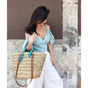 

Round Straw Bags Moroccan Palm Basket Bag Women Hand Woven Beach Bag Natural Oval Large Big Tote Circle Handbag Wholesale