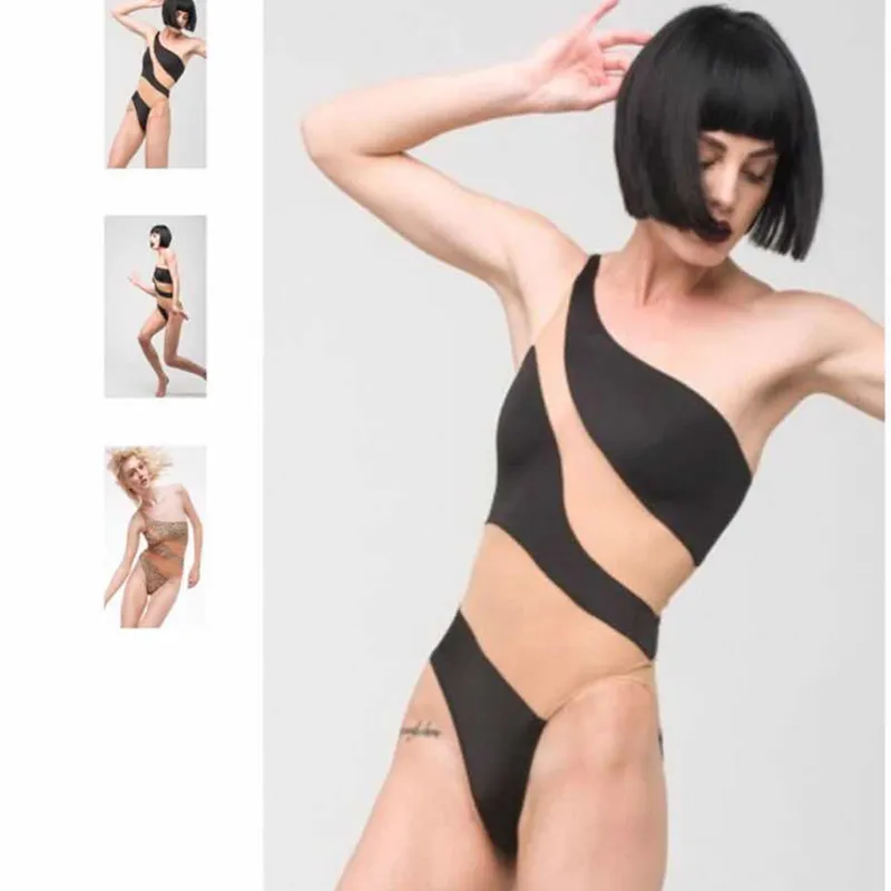 

KEKAKA Sexy Lace Monokini Nude Black Striped Mesh Sheer One Piece Swimsuit Women 2019 One-shoulder Mesh Patchwork Swimwear SML