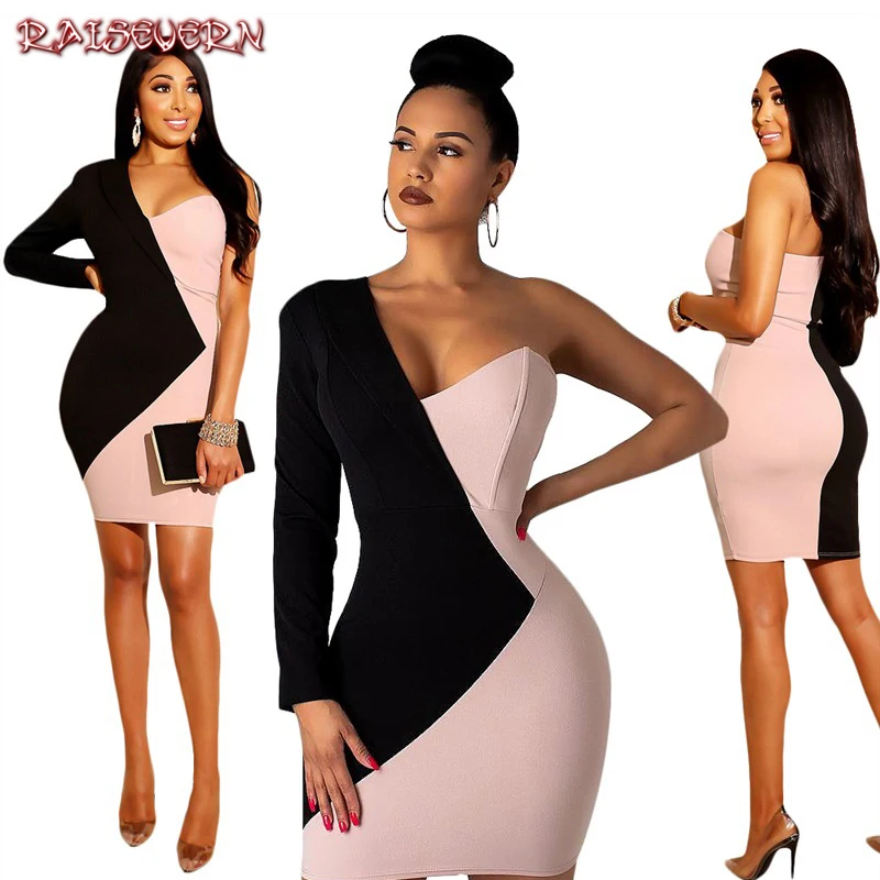 RAISEVERN одно плечо платье Bodycon черный, розовый Клубная одежда Sexy Basic обтягивающее платье с открытой спиной Pathwork вечерние для женщин 2019