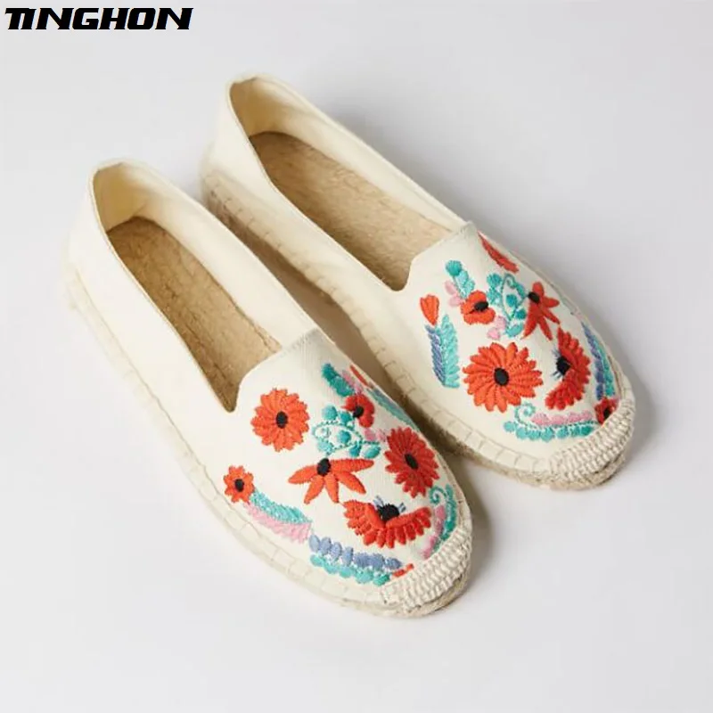 

Fashion Ethnic Casual Espadrilles embroidery Flowers Flat New Women Spring Printed Embroider Slip on Fishermen Hemp Rope Shoe