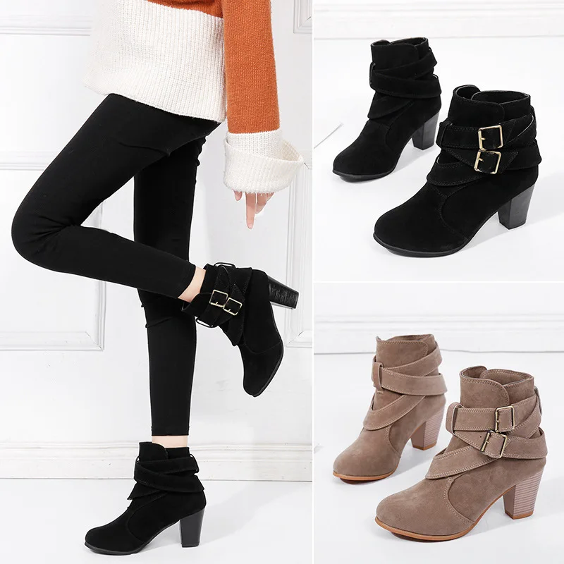 

Women Shoes 2018 New Brand Women Boots High Heels PU Slip on Winter Boots Women bota feminina Plus Size Ankle Boots for Women