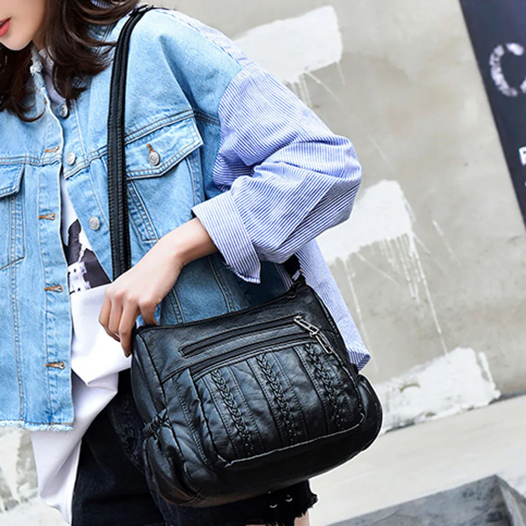 

Casual Wild Interior Zipper Pocket One Shoulder Bags Black PU Leather Women's Handbags Fashion Pure Zipper Messenger Bags #T