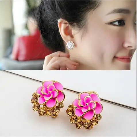 

e 1163 Korean fashion crystal earrings rose peony flower camellia flower earrings earrings female jewelry accessories factory di