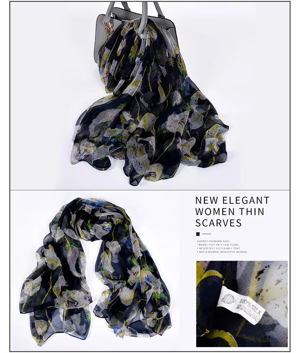 Waliicorners Gold Silk Scarf Hijabs Women Fashion Brand Summer Beach Cover-ups Ladies Navy Blue Neck Scarves 100% Silk Long Scarves 38