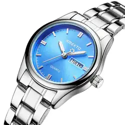 Модные нержавеющая сталь Группа Аналоговые Кварцевые Дата дисплей наручные часы леди подарок для женщин часы
