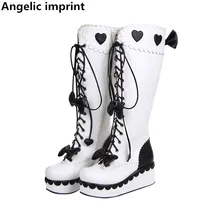 Ангельский отпечаток в стиле Mori Girl женские мотоциклетные ботинки женская обувь на высокой танкетке; туфли в стиле «Лолита»; платье принцессы; женские туфли-лодочки с бантом; на шнуровке