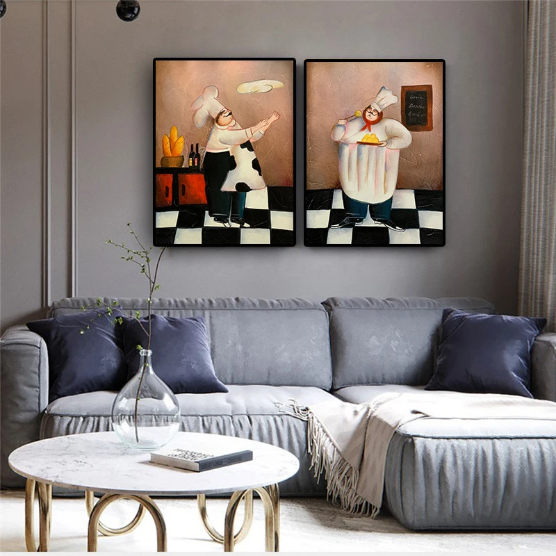Cartoon Bakery Cook Restaurant Painting Posters and Prints Scandinavian Coffee House Kitchen Wall Art Picture for Living Room