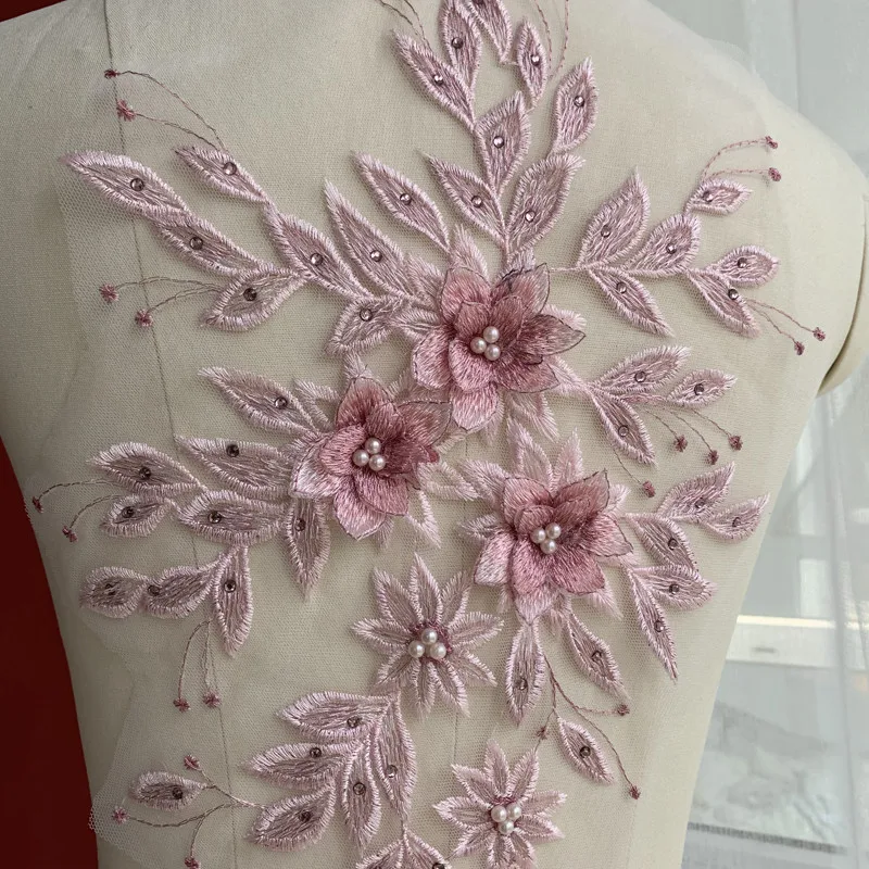 

1Pc Camel Pink Powder 3D Flower Beaded Lace Patch Embroidery Lace Flower Piece DIY Wedding Dress Headscarf Jewelry Accessory