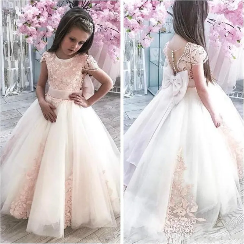2019 New Design Popular Flower Girl Dress For Special Occasion with Big Bow Buttons Illusion Back O-Neck Girls Pageant Gowns | Детская