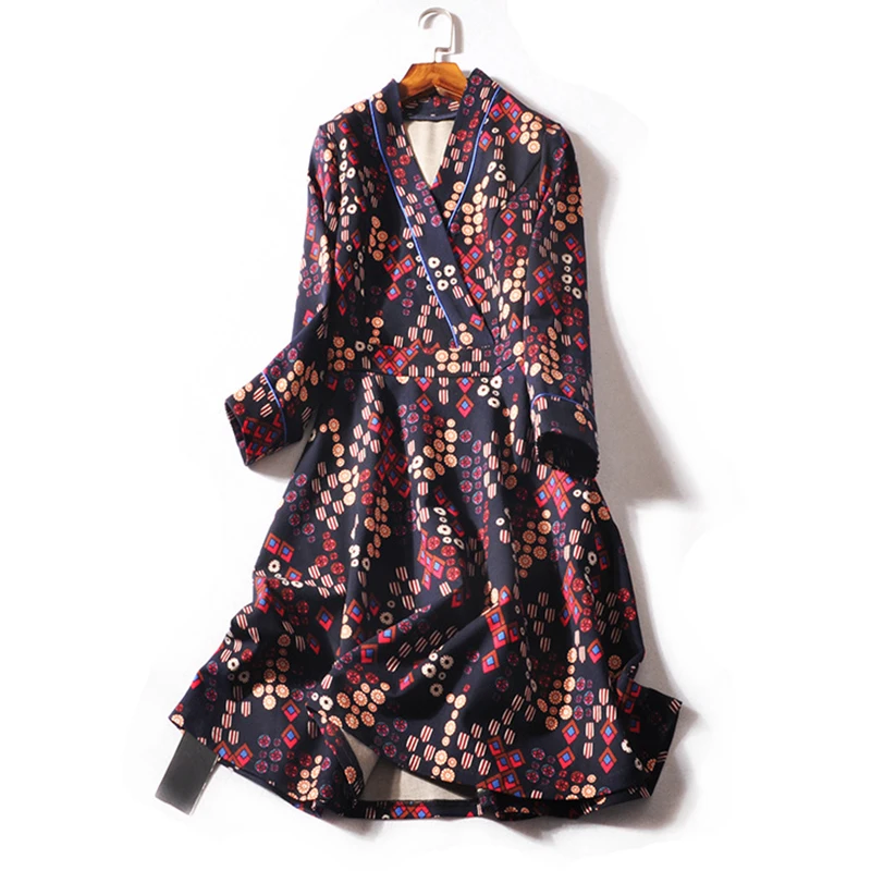 2018 Autumn Fashion Runway Dresses Women's Long Sleeve V-Neck Vintage Printed Loose Ankle-length Dress | Женская одежда