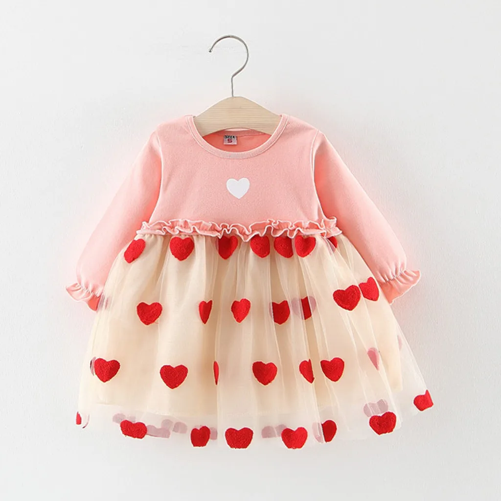 

Baby Girls Dress Toddler Kids Clothes Ruched Tulle Patchwork Love Heart Print Dresses Clothing Girl O-neck Autumn Princess Dress