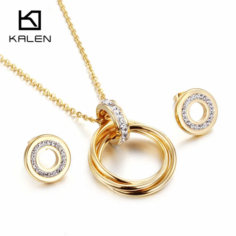 

Kalen Fashion Cheap Jewelry Set Gold Color Stainless Steel Round Pendant Necklace & Earrings Set For Women Friendship Gifts 2018