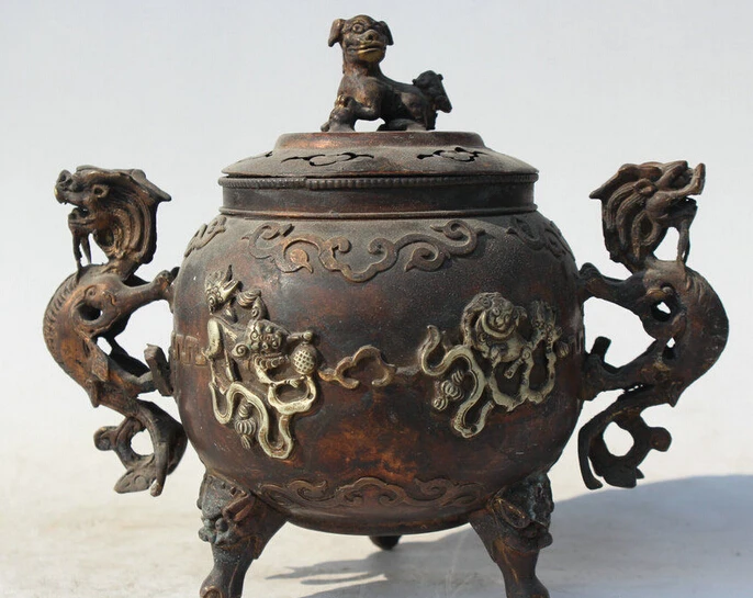 

204@g++6" Old Chinese Dynasty Copper Two Lion Ball Beast 3 Foot Incense Burner Censer statue