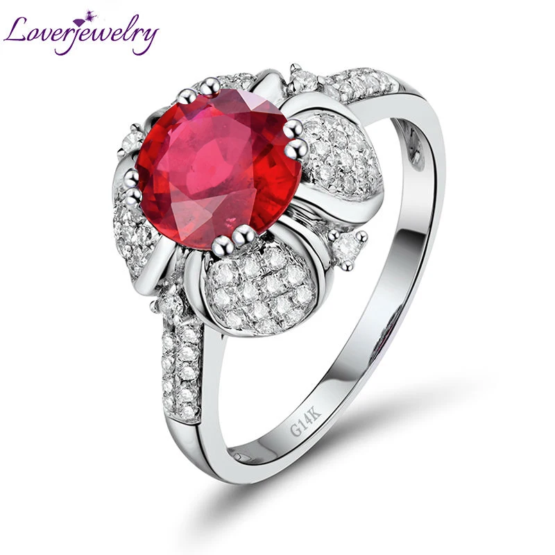Fashion Party Jewelry Genuine Ruby Rings Solid 14K White Gold Natural