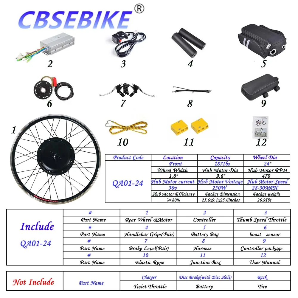 CBSEBIKE Ebike, комплект передних колес, высокая скорость преобразования 36v250w 36v500w 48v500w 48v1000w, 24 дюйма, QB01-24 - Цвет: 24inch 36v250w QA1