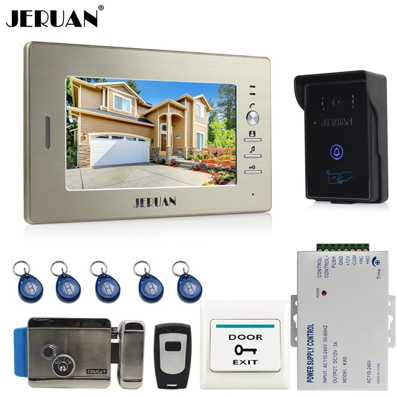 

JERUAN 7`` LCD Screen Video Intercom Video Door Phone Entry System + 700TVL RFID Access Waterproof Camera +Electronic lock