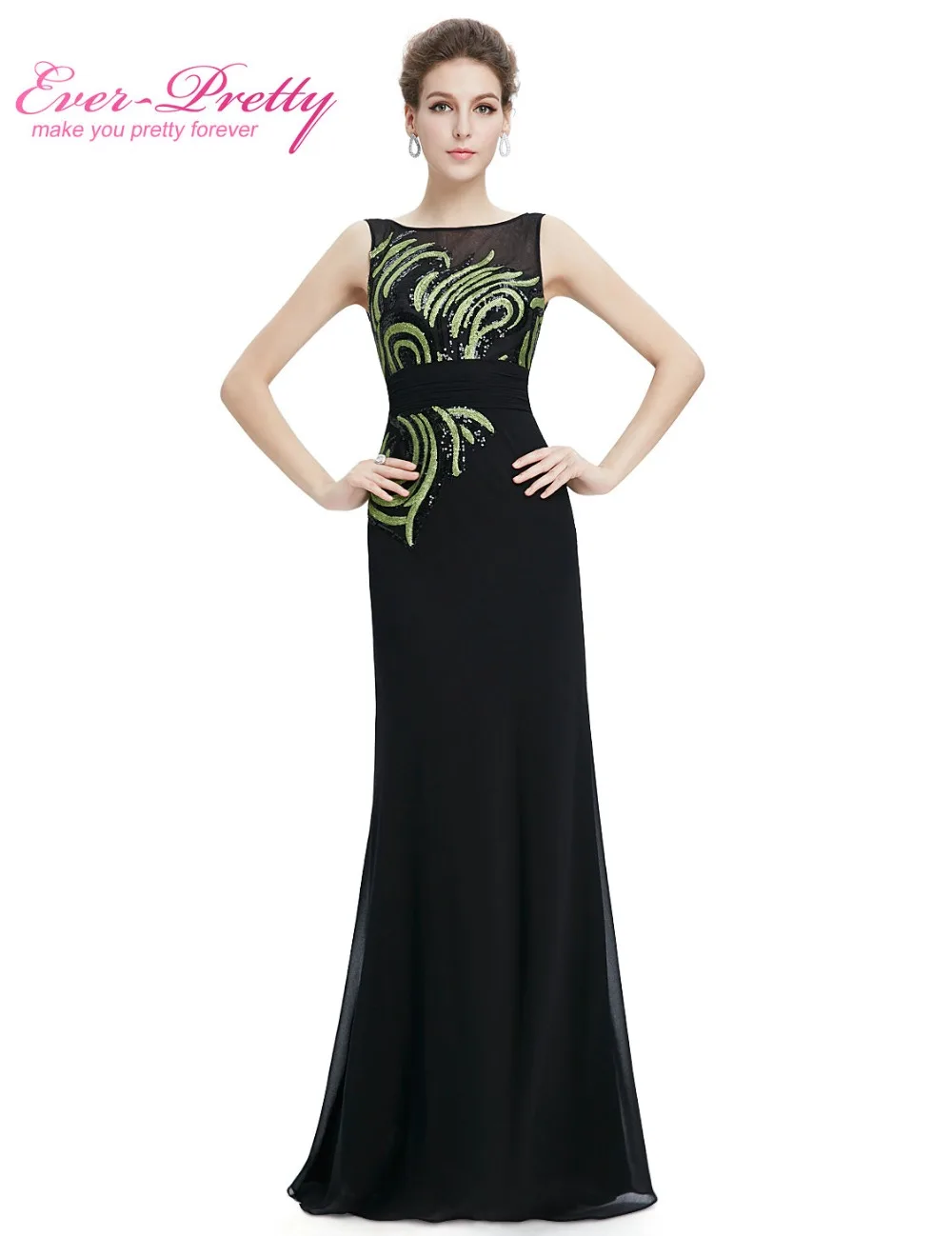 Hot Sale Elegant Long Prom Dresses Ever-Pretty HE08758BK 2017 O-neck Floor Length Polyester Formal Black Prom Dress