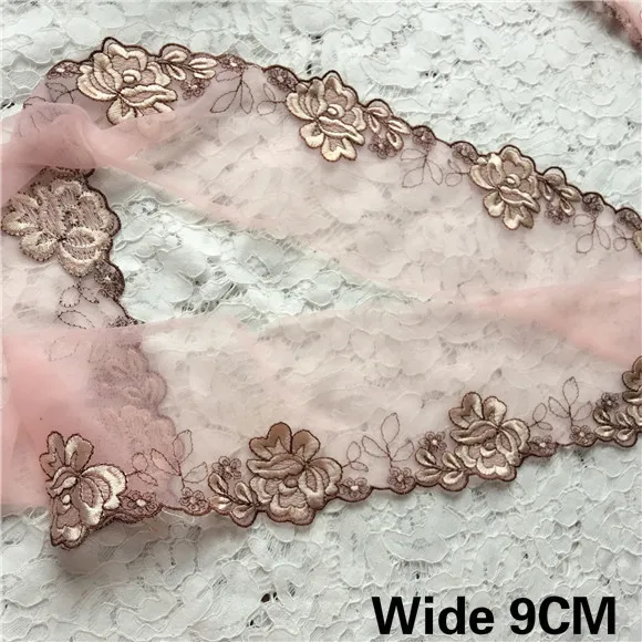 

9CM Wide Tulle Pink Mesh Venise Lace Rose Embroidery Water Soluble Ribbon Collar Neckline Trim Garment Dress For Sewing Supplies